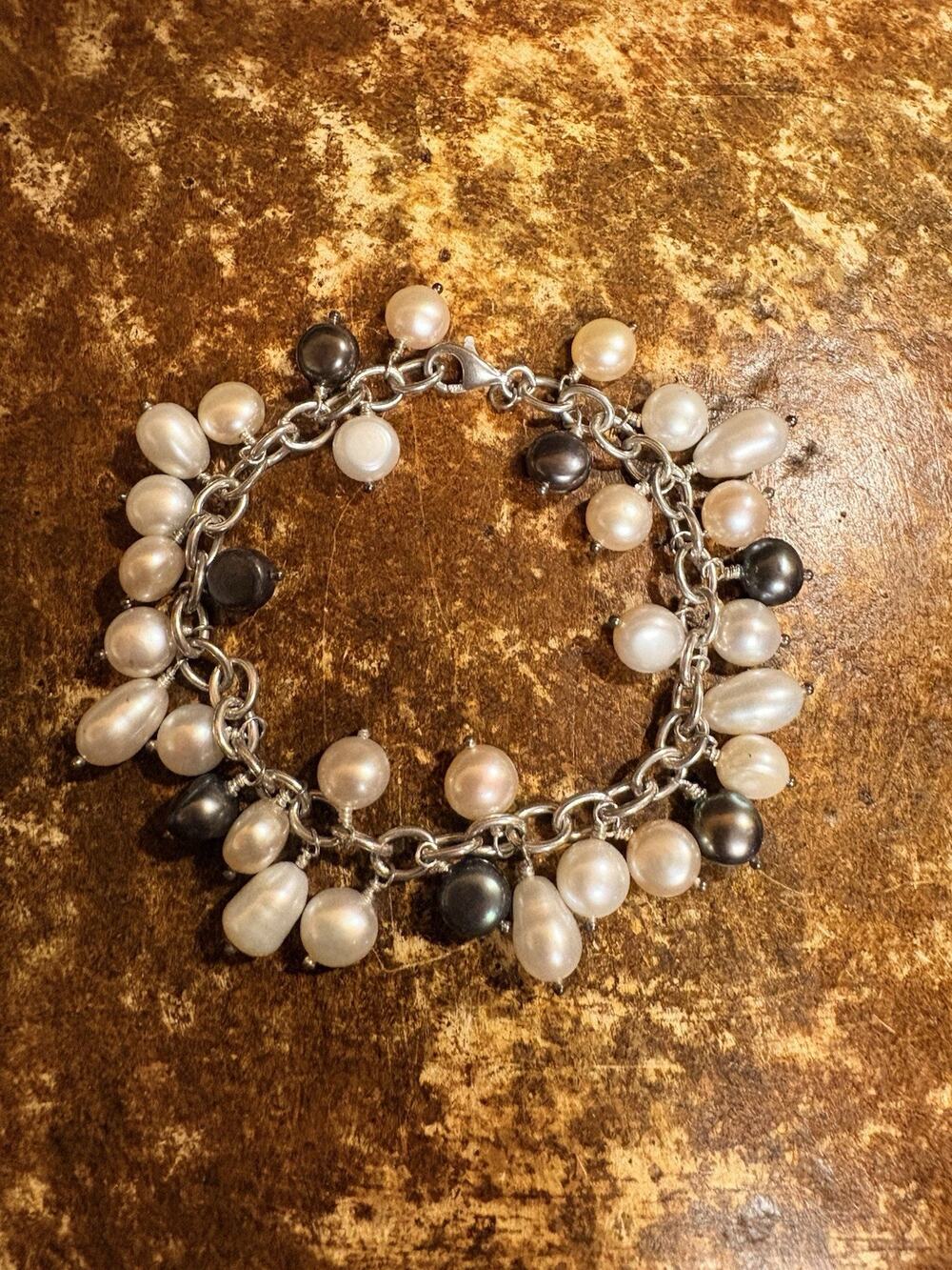 Sterling Silver and Freshwater Pearl Charm Bracelet 7.25 Inches